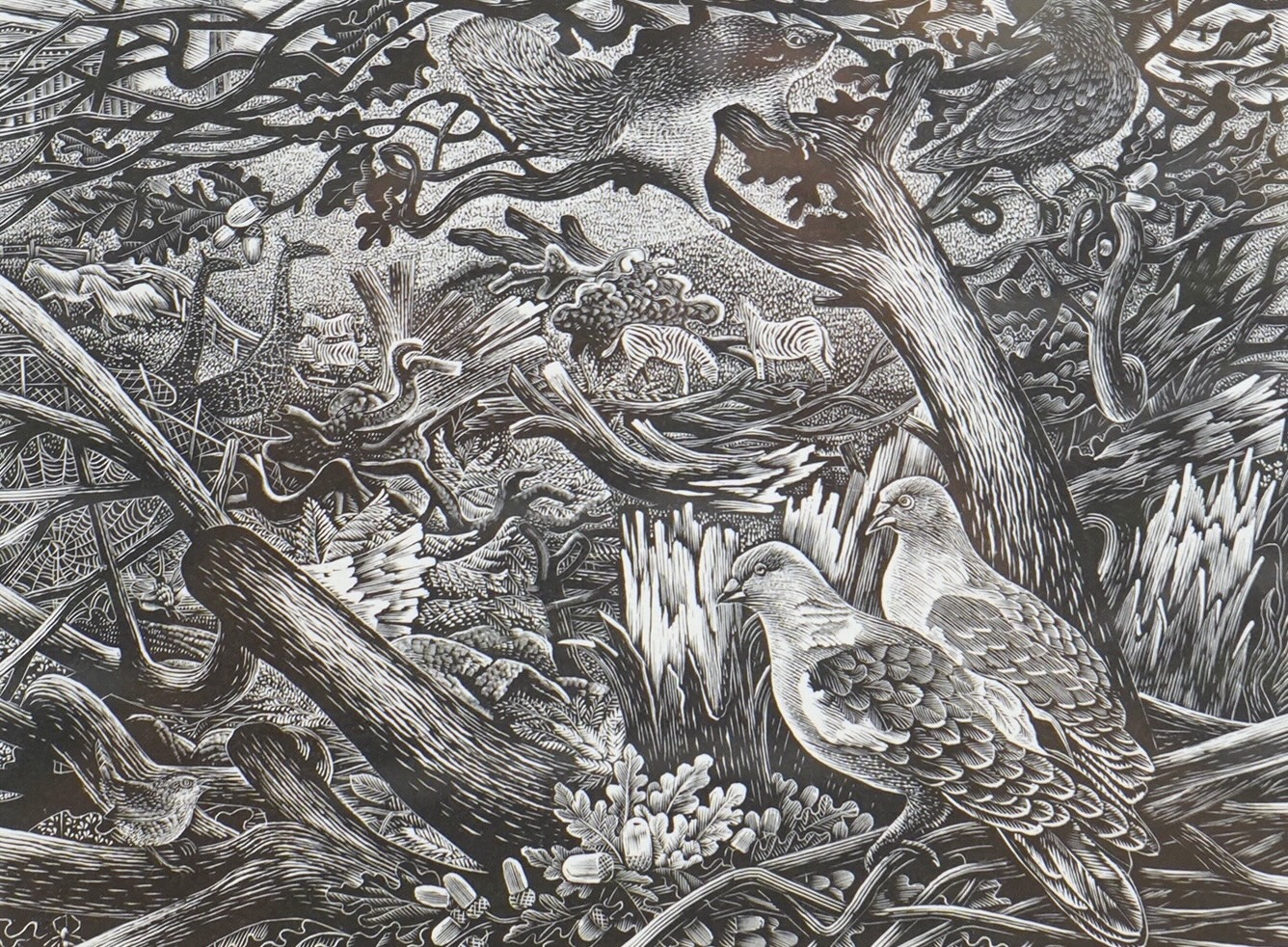 George Tute (b.1933), 'Birds and Beasts' signed, dated '89 and limited edition 242/250, woodcut, together with Peter Smith, Fallen Tree, signed in pencil, limited edition 242/250, woodcut, 22 x 15.5cm